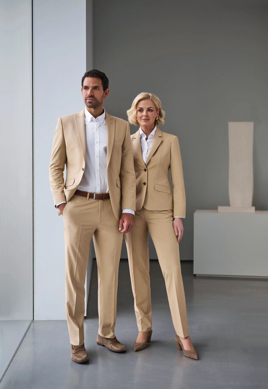 Man and woman in matching sand-coloured tailored suits